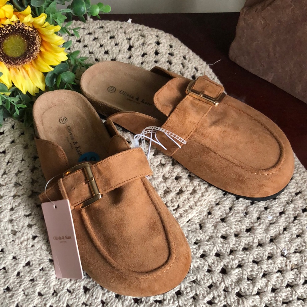 Women's Faux Suede Slip-On Buckle Mule - Tan